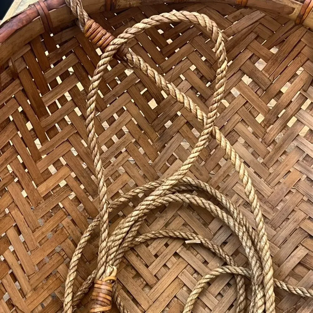 Large Vintage Hanging Basket Bowl Hand Woven Rattan Brown